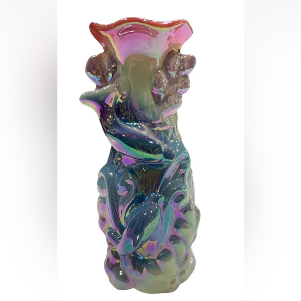 Iridescent Porcelain Dolphin And Coral Vase Vibrant Pink Purple And Blue 3D 6”